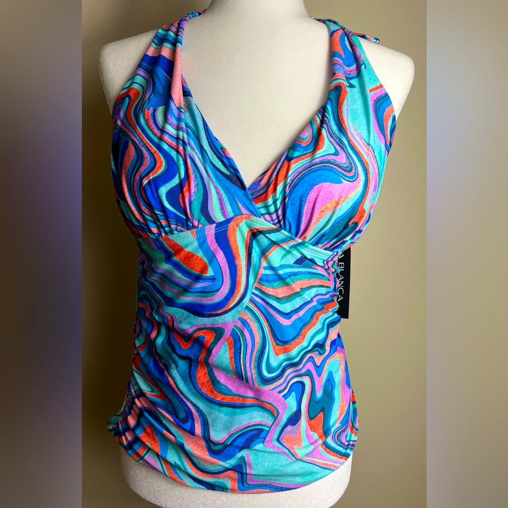 La Blanca Vibrant Multicolor Swirl Women's Tankini Swimsuit Top, Size 10, NWT